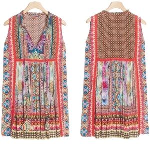 BHANUNI JYOTI Anthropologie Print Abstract Beaded Babydoll Tunic Dress  XS